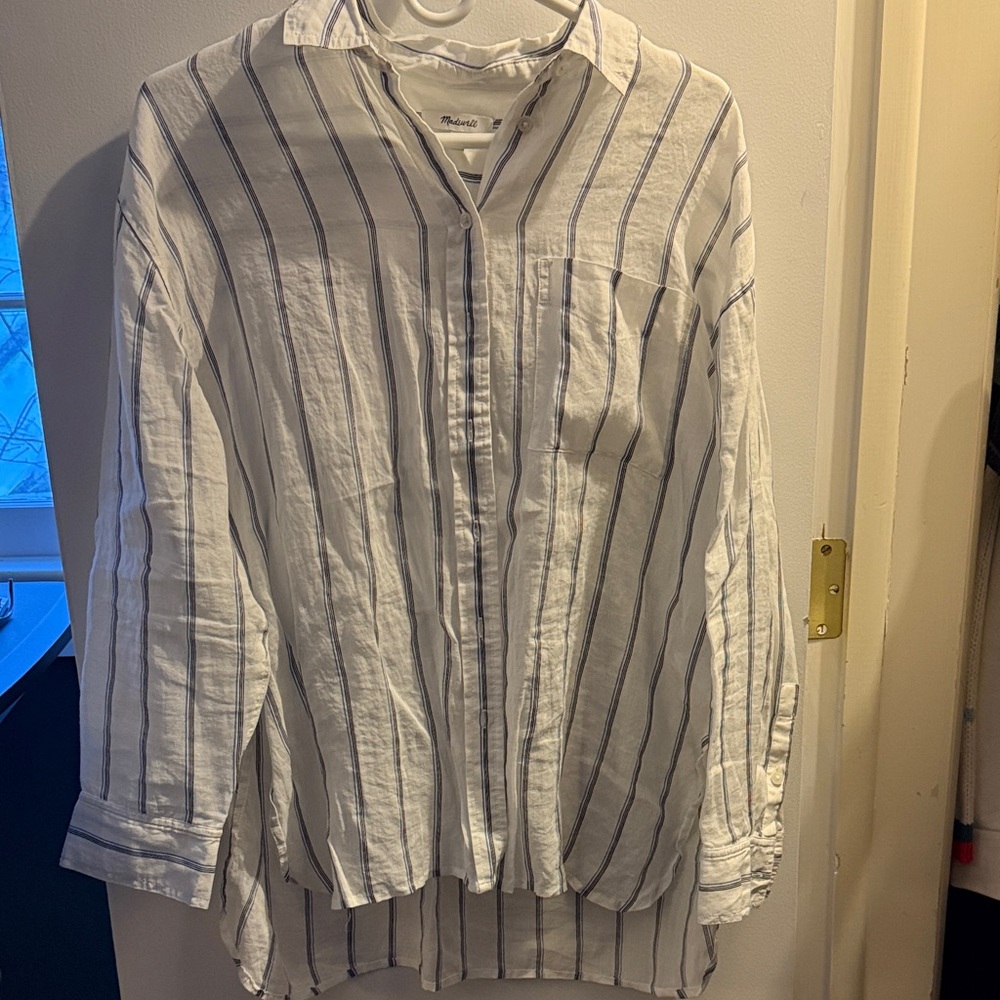 White and Blue Striped Button-Up Shirt oversized